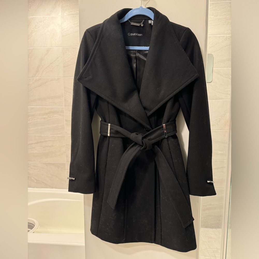 Calvin Klein Black Belted Wool-blend Peacoat Size XS